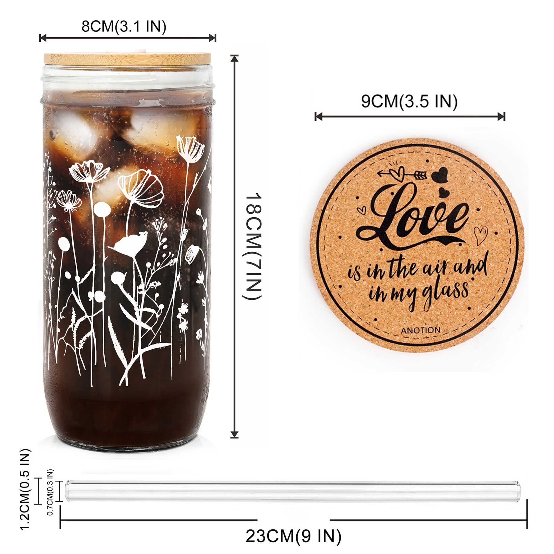 ANOTION Floral Coffee Cups, Mason Jars with Lids and Straws Glass Cups with Wildflower Bamboo Lid Iced Coffee Cups Tumbler Drinking Glasses Travel Coffee Mug Gift for Women Sister Mom