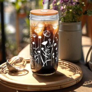 ANOTION Floral Coffee Cups, Mason Jars with Lids and Straws Glass Cups with Wildflower Bamboo Lid Iced Coffee Cups Tumbler Drinking Glasses Travel Coffee Mug Gift for Women Sister Mom