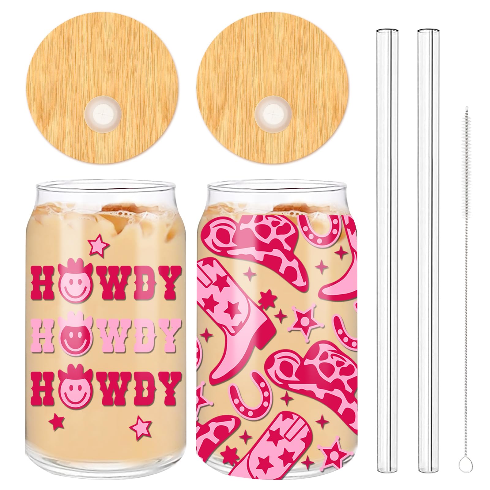 Whaline Western Cowgirl Beer Can Glass Cowgirl Drinking Glasses 16oz with Bamboo Lid Glass Straw and Cleaning Brush Cowboy Boots Disco Drinking Glass Boho Preppy Coffee Decor Gift Idea,2 Pack