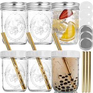 dicunoy set of 6 drinking mason jar with lids and straws, 16oz wide mouth glass bubble tea cup, reusable smoothie cups, canning jars for preserving, meal prep, overnight oats, jam