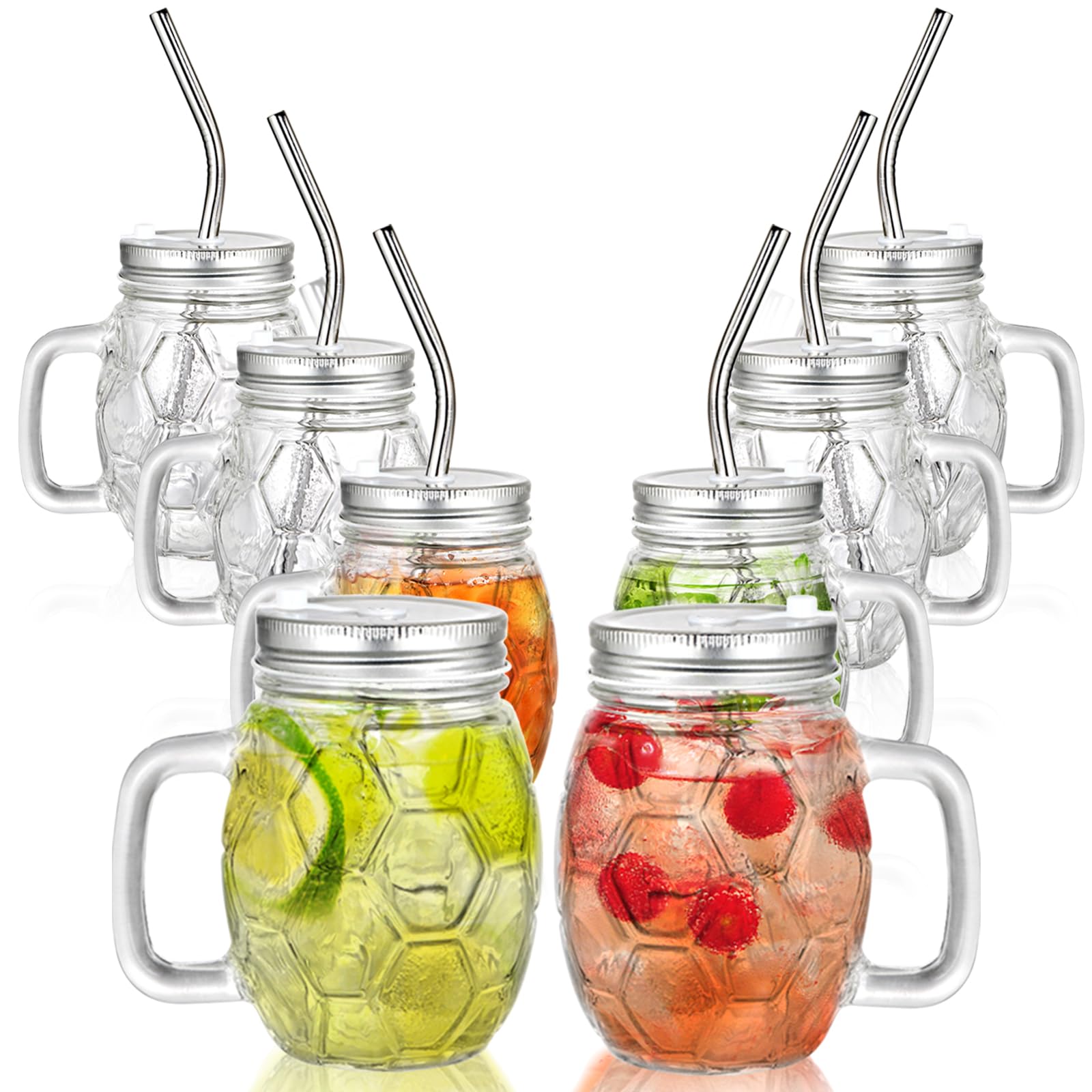 Hiceeden 8 Pack Glass Mason Jars with Lids and Straws, 16 Oz Mason Jar Drinking Glasses with Handle, Mason Mugs Cups with Honeycomb Pattern for Juice, Iced Coffee, Milk Tea, Smoothie, Cocktail