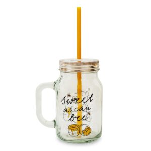 Toynk Winnie the Pooh Sweet as Can Bee 21 Ounce Glass Mason Jar With Lid and Straw