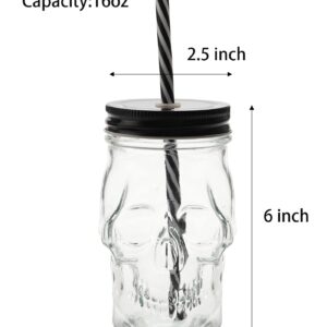 TOPZEA 6 Pack Mason Jars Mugs, 16 oz Glass Skull Mason Drinking Mugs Tumbler Cup with Straws Old Fashioned Jar Drinking Glasses Heavy Base for Beverage, Brandy, Liquor, Jello