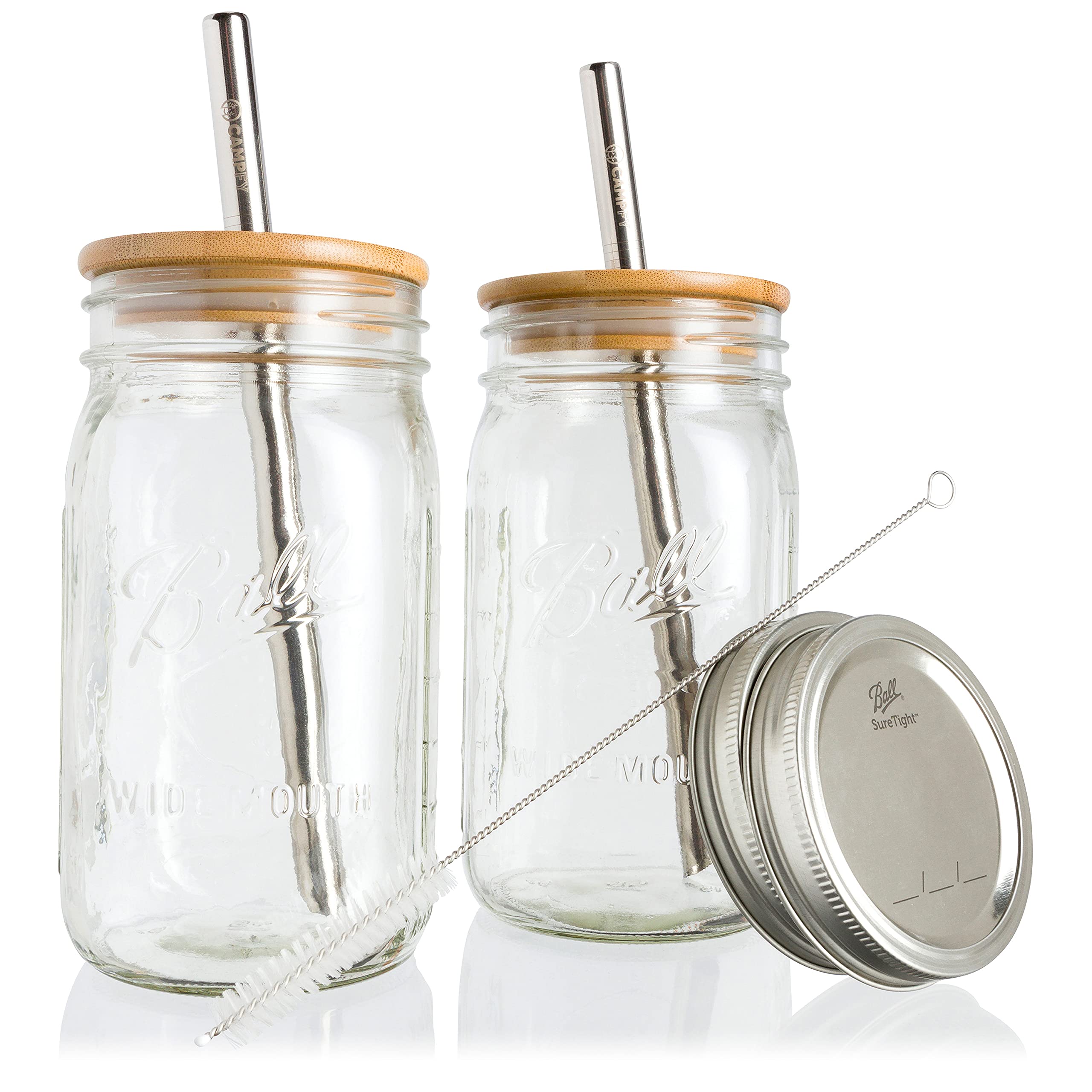 CAMPFY Reusable Boba Cup with Lids and Straw - Bubble Tea Cup - Boba Tea Cup - Smoothie Cup - 2 Glass Wide Mouth Ball Mason Jars 32oz with Bamboo Lids - 2 Angled-Tip Boba Straws