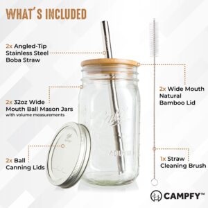 CAMPFY Reusable Boba Cup with Lids and Straw - Bubble Tea Cup - Boba Tea Cup - Smoothie Cup - 2 Glass Wide Mouth Ball Mason Jars 32oz with Bamboo Lids - 2 Angled-Tip Boba Straws