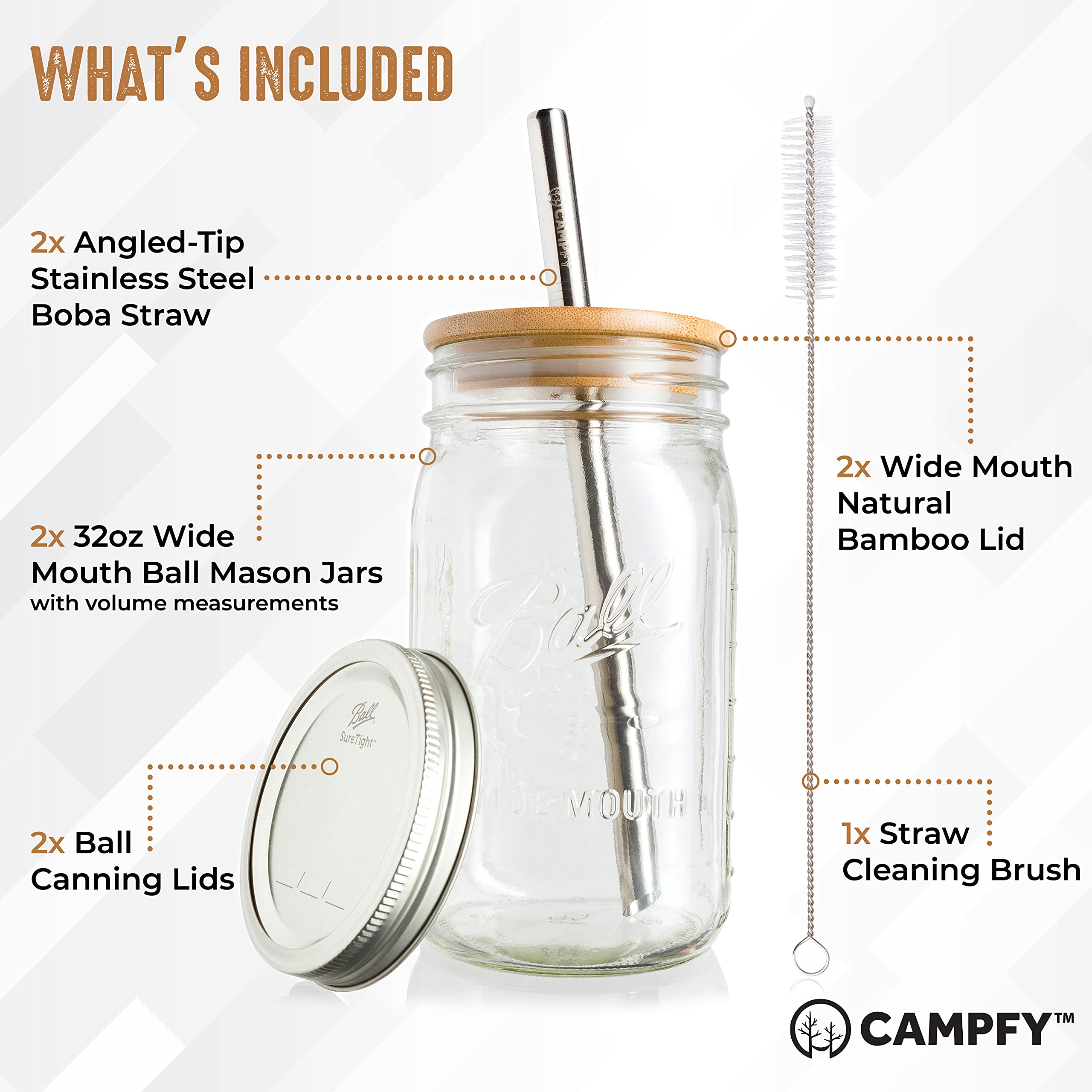 CAMPFY Reusable Boba Cup with Lids and Straw - Bubble Tea Cup - Boba Tea Cup - Smoothie Cup - 2 Glass Wide Mouth Ball Mason Jars 32oz with Bamboo Lids - 2 Angled-Tip Boba Straws