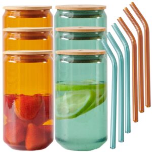 yoolansa [ 6 pcs colored drinking glass with bamboo lid and straw set,16oz can glass with lid and straw, soda can glass,iced coffee glass,milk glass(3 amber + 3 green)