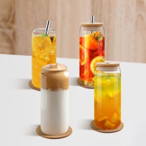 MOVNO Sublimation Glass Cups with Lids and Straws, 4 Pack 20oz Drinking Glasses with Bamboo Lid Iced Coffee Cup Can Shaped Cups Reusable Boba Cups Juices Cocktail Travel Bottle Gifts