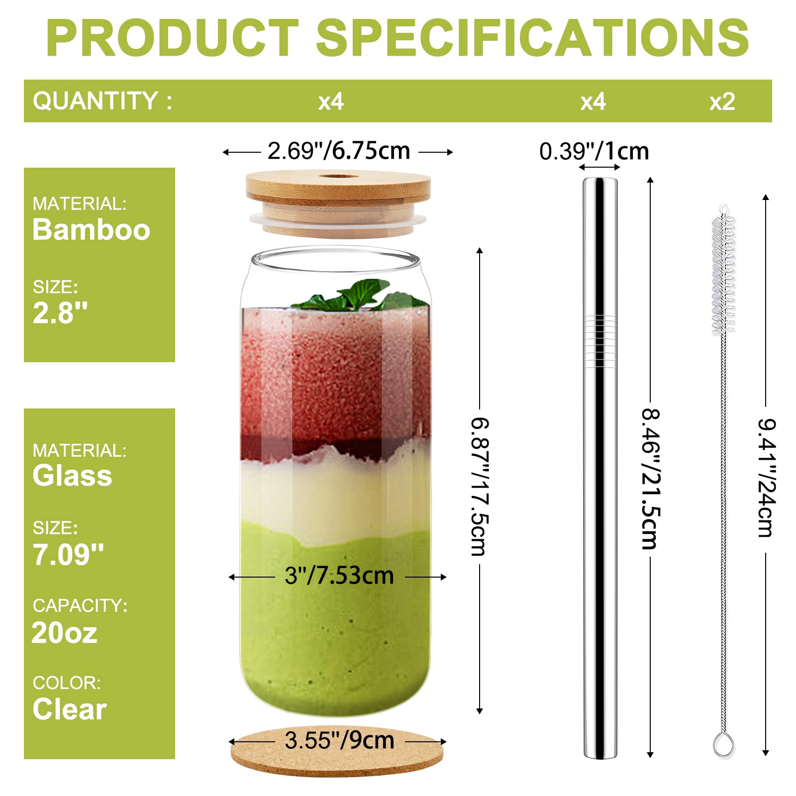 MOVNO Sublimation Glass Cups with Lids and Straws, 4 Pack 20oz Drinking Glasses with Bamboo Lid Iced Coffee Cup Can Shaped Cups Reusable Boba Cups Juices Cocktail Travel Bottle Gifts