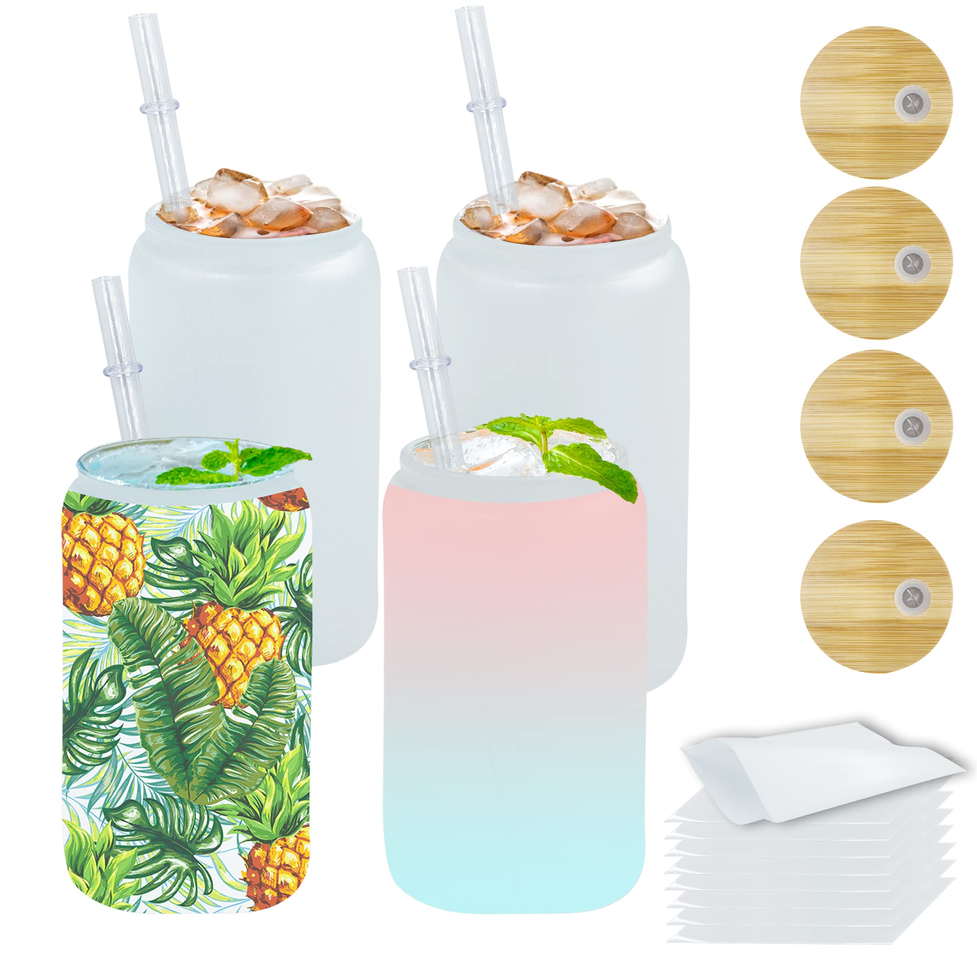 4 Pack 16OZ Sublimation Double Wall Glass Blanks With Bamboo Lid, Transparent Pre Drilled Beer Can Glass for Snow Globe Glitter, Borosilicate Glasses With Plastic Straw for Iced Coffee, Juice, Soda