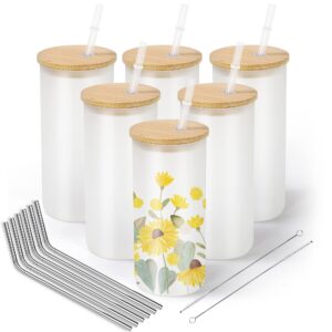 agh 6pcs 18oz frosted sublimation glass blanks with bamboo lid, sublimation straight cups blank with stainless steel straw & clean brush, glass can beer tumbler for iced coffee juice soda drinks