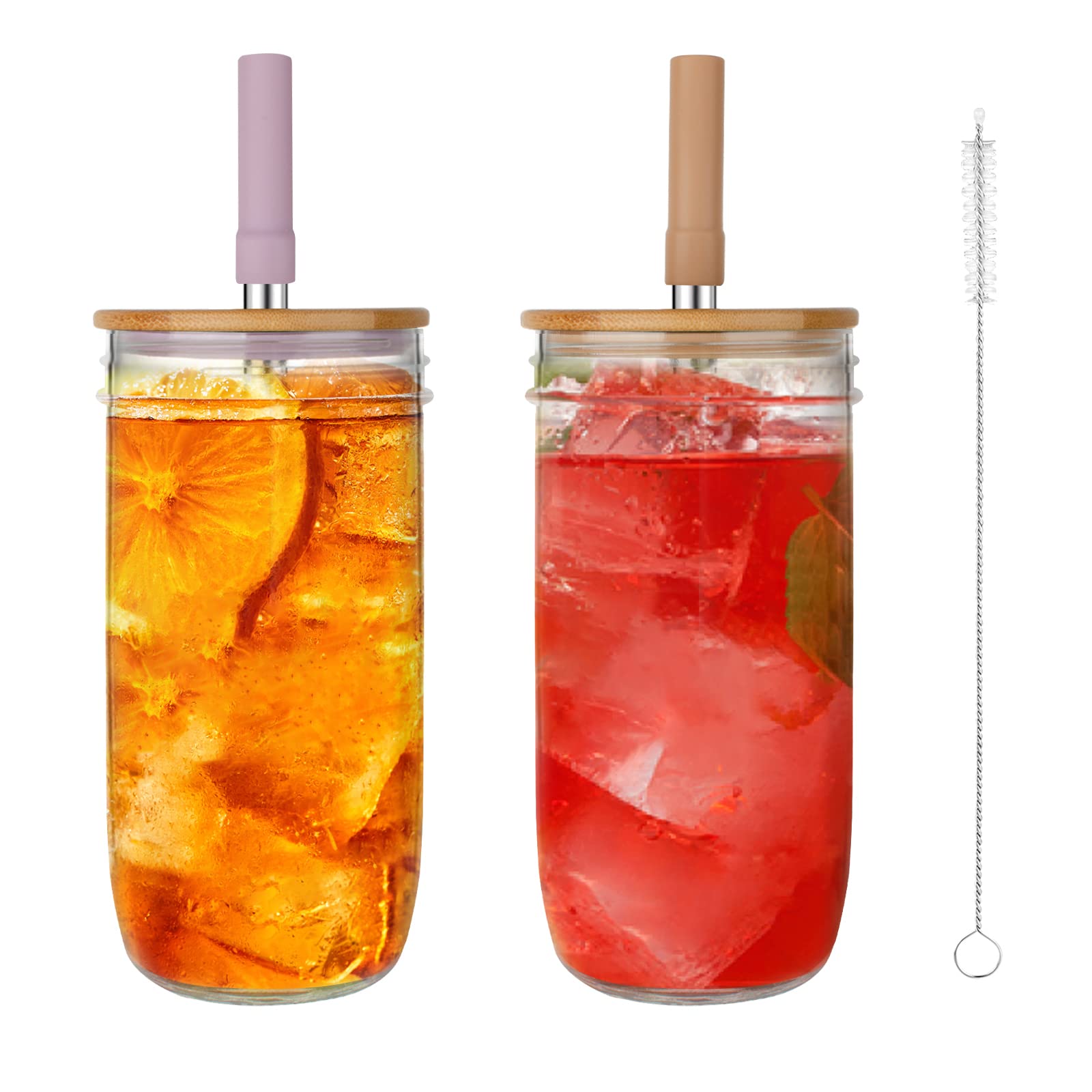 Tronco Glass Cups Set 2 Pack, 24oz Wide Mouth Mason Jar Drinking Glasses with Bamboo Lids & Straws,Reusable Glass Boba Tea Cup for Smoothie, Iced Coffee Cup,Juice,Pearl Milkshake