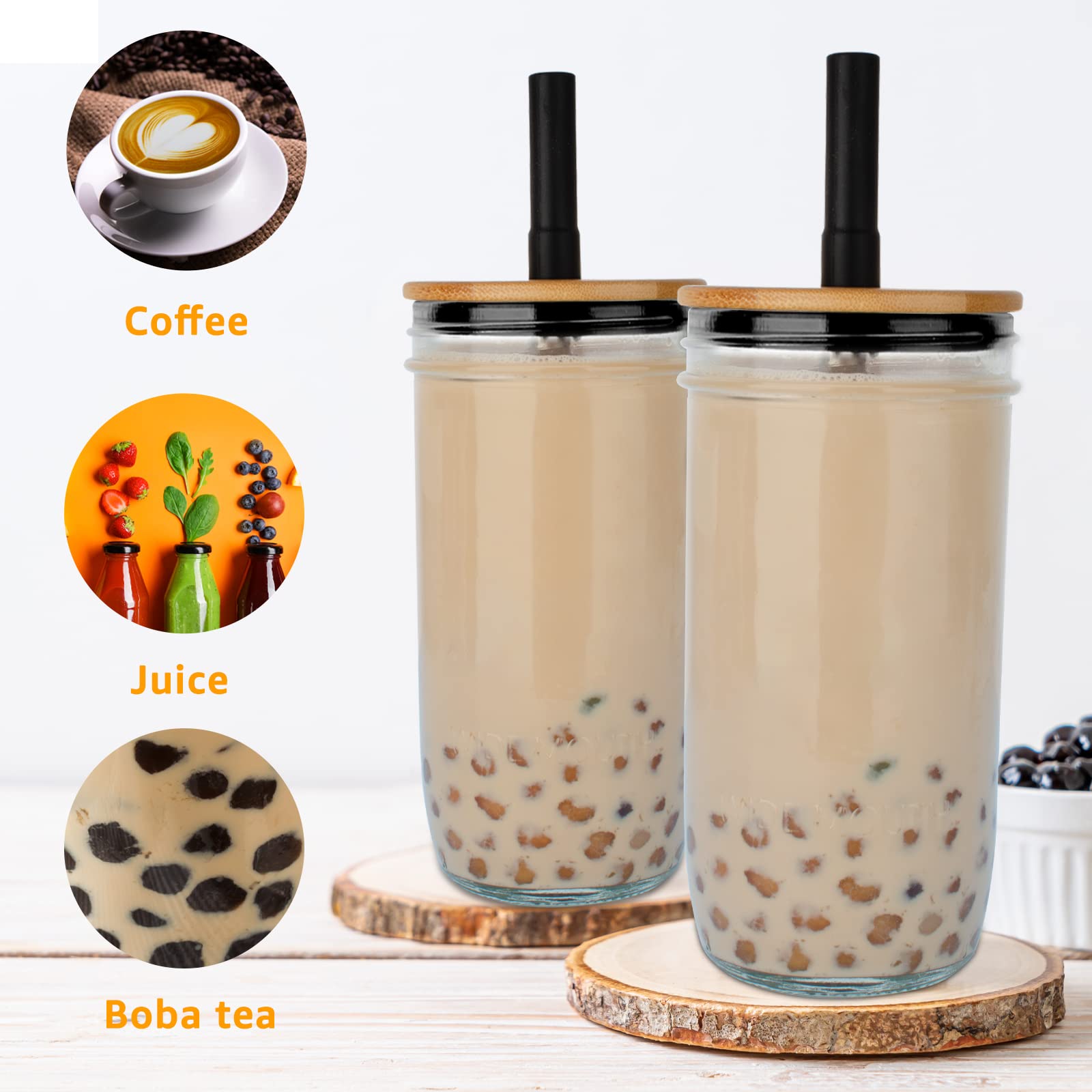 Tronco Glass Cups Set 2 Pack, 24oz Wide Mouth Mason Jar Drinking Glasses with Bamboo Lids & Straws,Reusable Glass Boba Tea Cup for Smoothie, Iced Coffee Cup,Juice,Pearl Milkshake