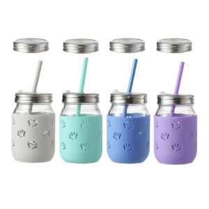 16 OZ Mason Jars with Protective Silicone Sleeve, Mason Cups Drinking Glass with Straws and 8PCS Stainless Steel Lids - BPA Free (4COLOR ASST Shell)