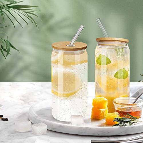 Jocuu Glass Cups with Lids and Straws, Set of 4 Beer Can Glasses, 16 oz each Ice Coffee Cup, Glass Tumbler, Drinking Jars, Drinking Glasses for Smoothie Boba Coffee Beer Tea