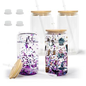 agh 4 pack sublimation double wall glass blanks 16 oz pre drilled sublimation snow globe glass tumbler with bamboo lid and straw reusable clear beer can mason jar mug for snow globe glitter diy