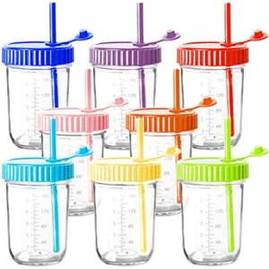 youngever 8 pack glass jars with straws, 8 ounce glass cups with straws, glass mason jars with airtight lids and straws (8 rainbow colors)