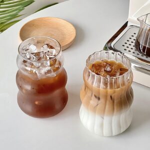 Iced Coffee Cup with Straw 18 oz Glass Clear Ripple Coffee Mug with Glass Straw and Straw Cleaner Brush Ribbed Glassware Boba Cup Smoothie Cup Water Glasses