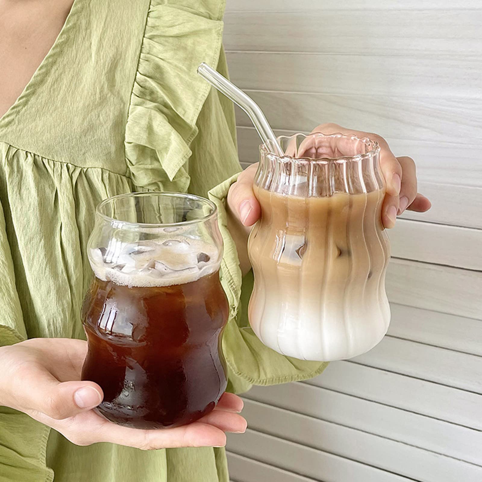 Iced Coffee Cup with Straw 18 oz Glass Clear Ripple Coffee Mug with Glass Straw and Straw Cleaner Brush Ribbed Glassware Boba Cup Smoothie Cup Water Glasses