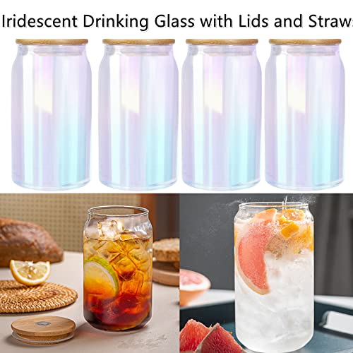 LEFIMOT 4 Pack Drinking Glasses with Bamboo Lids and Straw, 16oz Can Shaped Glass Cups Iced Coffee Cup Beer Glasses Cocktail Glasses Cute Tumbler Cup for Smoothie,Tea,Whiskey,Water,Gift