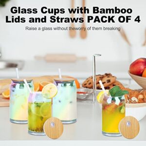 LEFIMOT 4 Pack Drinking Glasses with Bamboo Lids and Straw, 16oz Can Shaped Glass Cups Iced Coffee Cup Beer Glasses Cocktail Glasses Cute Tumbler Cup for Smoothie,Tea,Whiskey,Water,Gift