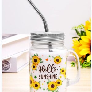 Sunflower Mason Jar Mug with Lid and Straw 16oz Glass Tumbler with Handle Bottle Set for Iced Coffee Smoothie Boba Milk Tea Juices Travel Hello Sunshine Wedding Thanksgiving Christmas Bridesmaid Gift