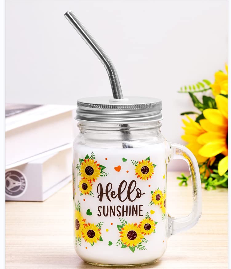 Sunflower Mason Jar Mug with Lid and Straw 16oz Glass Tumbler with Handle Bottle Set for Iced Coffee Smoothie Boba Milk Tea Juices Travel Hello Sunshine Wedding Thanksgiving Christmas Bridesmaid Gift