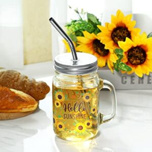 Sunflower Mason Jar Mug with Lid and Straw 16oz Glass Tumbler with Handle Bottle Set for Iced Coffee Smoothie Boba Milk Tea Juices Travel Hello Sunshine Wedding Thanksgiving Christmas Bridesmaid Gift