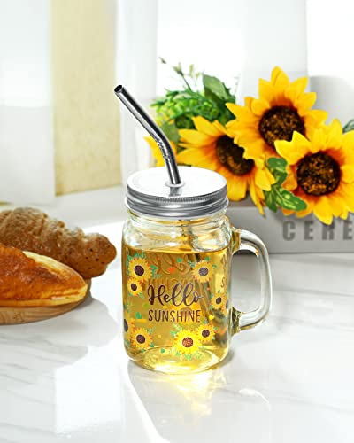 Sunflower Mason Jar Mug with Lid and Straw 16oz Glass Tumbler with Handle Bottle Set for Iced Coffee Smoothie Boba Milk Tea Juices Travel Hello Sunshine Wedding Thanksgiving Christmas Bridesmaid Gift