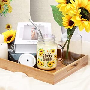 Sunflower Mason Jar Mug with Lid and Straw 16oz Glass Tumbler with Handle Bottle Set for Iced Coffee Smoothie Boba Milk Tea Juices Travel Hello Sunshine Wedding Thanksgiving Christmas Bridesmaid Gift