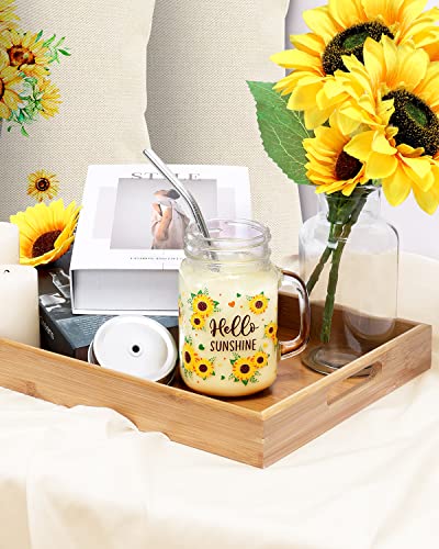 Sunflower Mason Jar Mug with Lid and Straw 16oz Glass Tumbler with Handle Bottle Set for Iced Coffee Smoothie Boba Milk Tea Juices Travel Hello Sunshine Wedding Thanksgiving Christmas Bridesmaid Gift