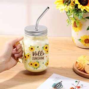 Sunflower Mason Jar Mug with Lid and Straw 16oz Glass Tumbler with Handle Bottle Set for Iced Coffee Smoothie Boba Milk Tea Juices Travel Hello Sunshine Wedding Thanksgiving Christmas Bridesmaid Gift