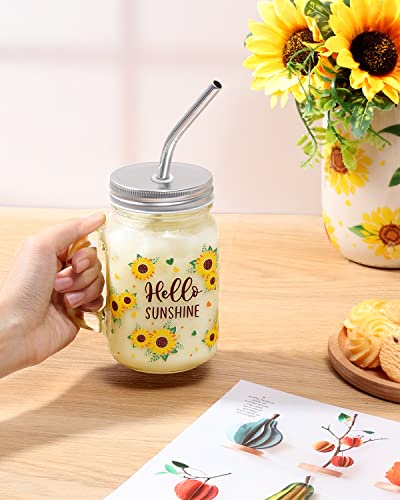 Sunflower Mason Jar Mug with Lid and Straw 16oz Glass Tumbler with Handle Bottle Set for Iced Coffee Smoothie Boba Milk Tea Juices Travel Hello Sunshine Wedding Thanksgiving Christmas Bridesmaid Gift