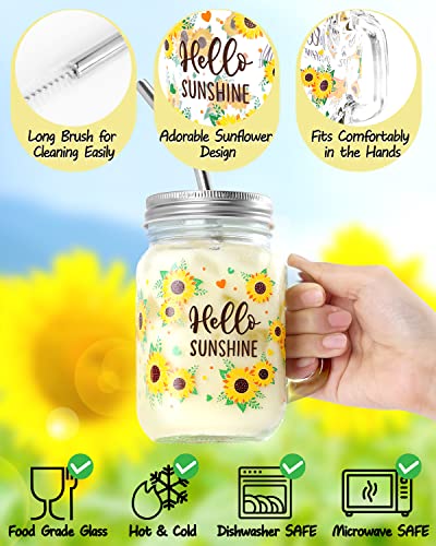 Sunflower Mason Jar Mug with Lid and Straw 16oz Glass Tumbler with Handle Bottle Set for Iced Coffee Smoothie Boba Milk Tea Juices Travel Hello Sunshine Wedding Thanksgiving Christmas Bridesmaid Gift