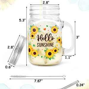 Sunflower Mason Jar Mug with Lid and Straw 16oz Glass Tumbler with Handle Bottle Set for Iced Coffee Smoothie Boba Milk Tea Juices Travel Hello Sunshine Wedding Thanksgiving Christmas Bridesmaid Gift