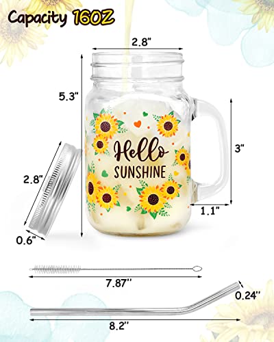 Sunflower Mason Jar Mug with Lid and Straw 16oz Glass Tumbler with Handle Bottle Set for Iced Coffee Smoothie Boba Milk Tea Juices Travel Hello Sunshine Wedding Thanksgiving Christmas Bridesmaid Gift