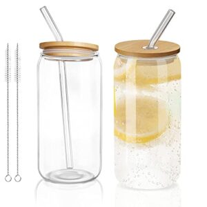 jocuu glass cups with lids and straws, set of 2 beer can glasses, 16 oz each ice coffee cup, glass tumbler, drinking jars, drinking glasses for smoothie boba coffee beer tea whiskey