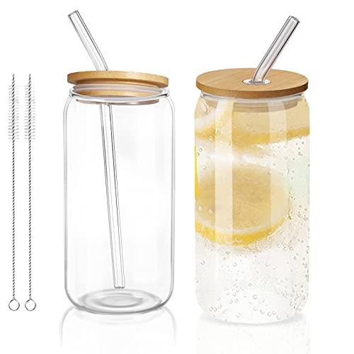 Jocuu Glass Cups with Lids and Straws, Set of 2 Beer Can Glasses, 16 oz each Ice Coffee Cup, Glass Tumbler, Drinking Jars, Drinking Glasses for Smoothie Boba Coffee Beer Tea Whiskey