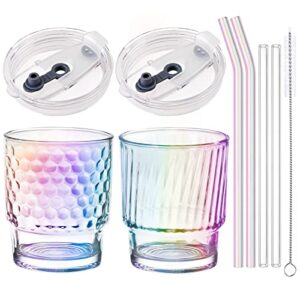 nihome glass tumblers with straws and lids, iridescent iced coffee cup drinking glassware with wide mouth,rainbow glass drinking jars for beer, whiskey, cocktail, beverages & soda drinks, 2pcs 12oz