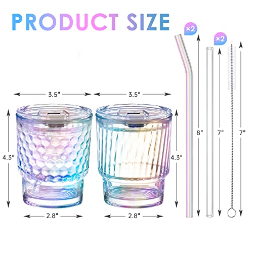 NiHome Glass Tumblers with Straws and Lids, Iridescent Iced Coffee Cup Drinking Glassware with Wide Mouth,Rainbow Glass Drinking Jars for Beer, Whiskey, Cocktail, Beverages & Soda Drinks, 2PCS 12oz