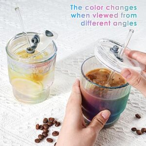 NiHome Glass Tumblers with Straws and Lids, Iridescent Iced Coffee Cup Drinking Glassware with Wide Mouth,Rainbow Glass Drinking Jars for Beer, Whiskey, Cocktail, Beverages & Soda Drinks, 2PCS 12oz