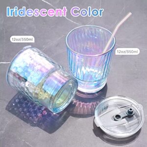 NiHome Glass Tumblers with Straws and Lids, Iridescent Iced Coffee Cup Drinking Glassware with Wide Mouth,Rainbow Glass Drinking Jars for Beer, Whiskey, Cocktail, Beverages & Soda Drinks, 2PCS 12oz