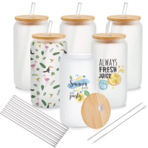 wuweot 6 pack sublimation glass cans, 18 oz frosted sublimation blanks, reusable wide mouth mason jar tumbler cups, beer can shaped glass with straw and brush for iced coffee, juice, soda