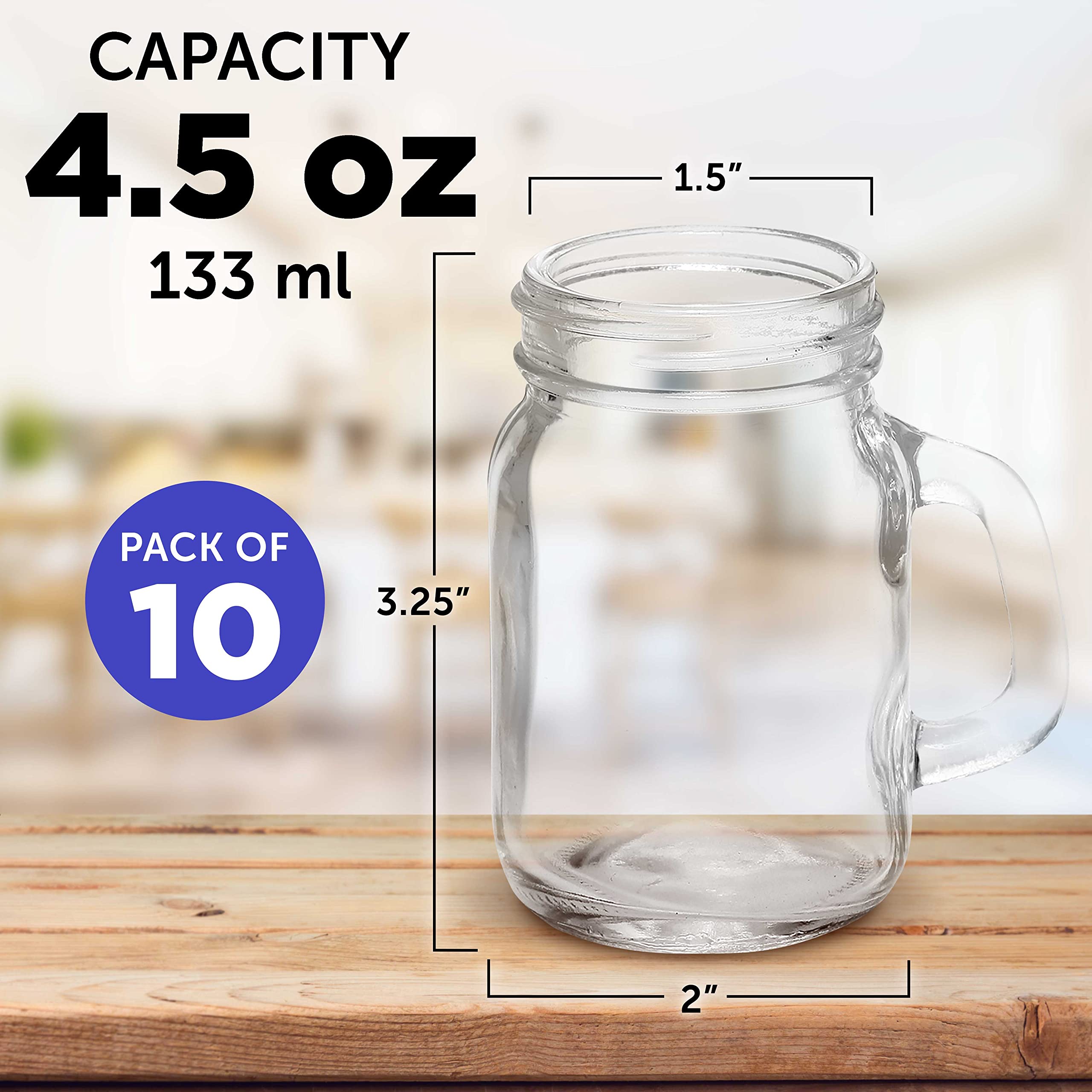 DISCOUNT PROMOS Mason Jar with Handle Set 4.5 oz. Set of 10, Bulk Pack - Sampler Glasses, Glass Jars for Overnight Oats, Candies, Fruits, Pickles, Spices, Beverages - Clear