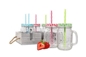 d'eco mason jar tray set - 6 mason jars (16 oz ea) w/colorful lids & reusable straws & - includes wooden tray for easy carrying, serving, and travel - great for hosting parties & entertaining guests