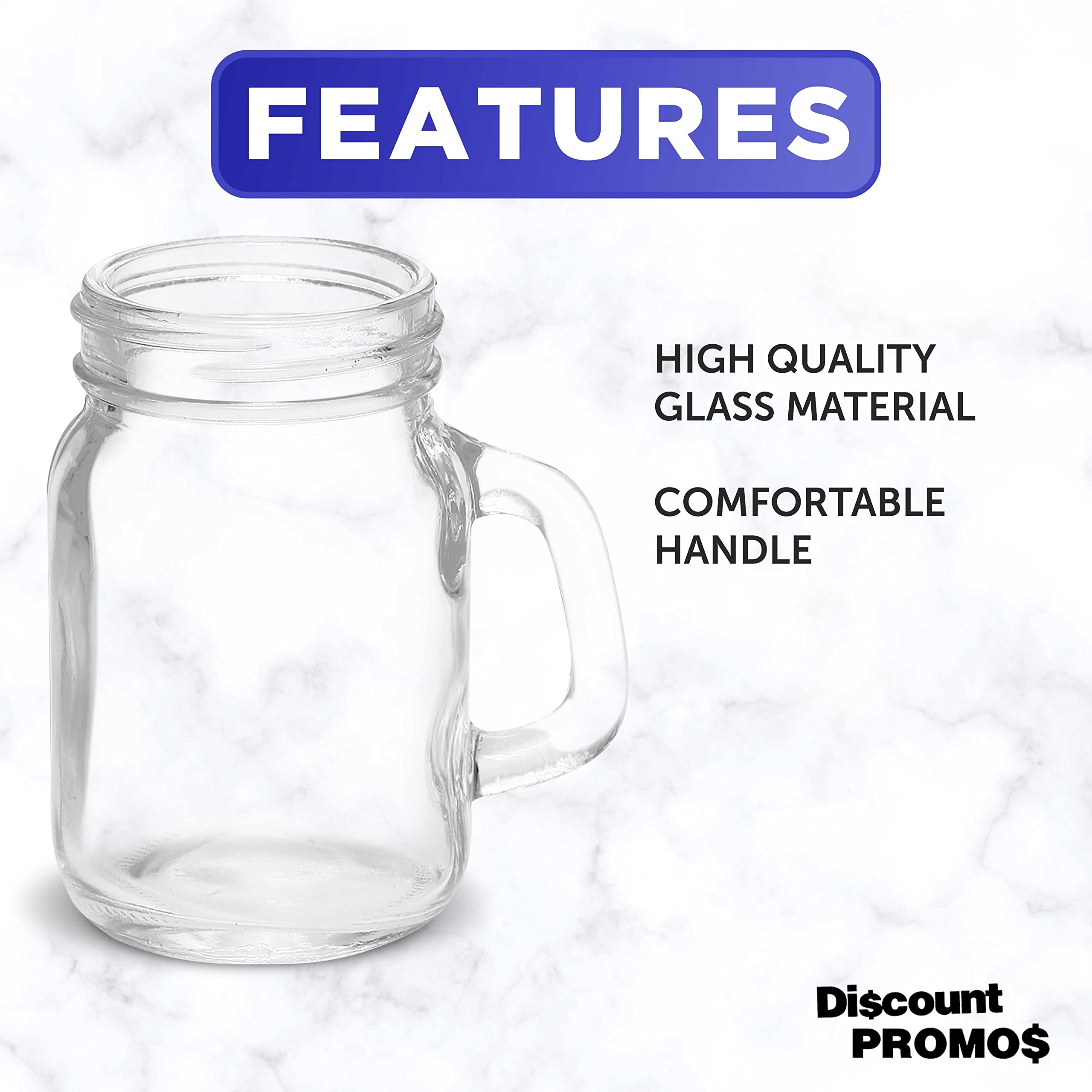 DISCOUNT PROMOS Mason Jar with Handle Set 4.5 oz. Set of 10, Bulk Pack - Sampler Glasses, Glass Jars for Overnight Oats, Candies, Fruits, Pickles, Spices, Beverages - Clear