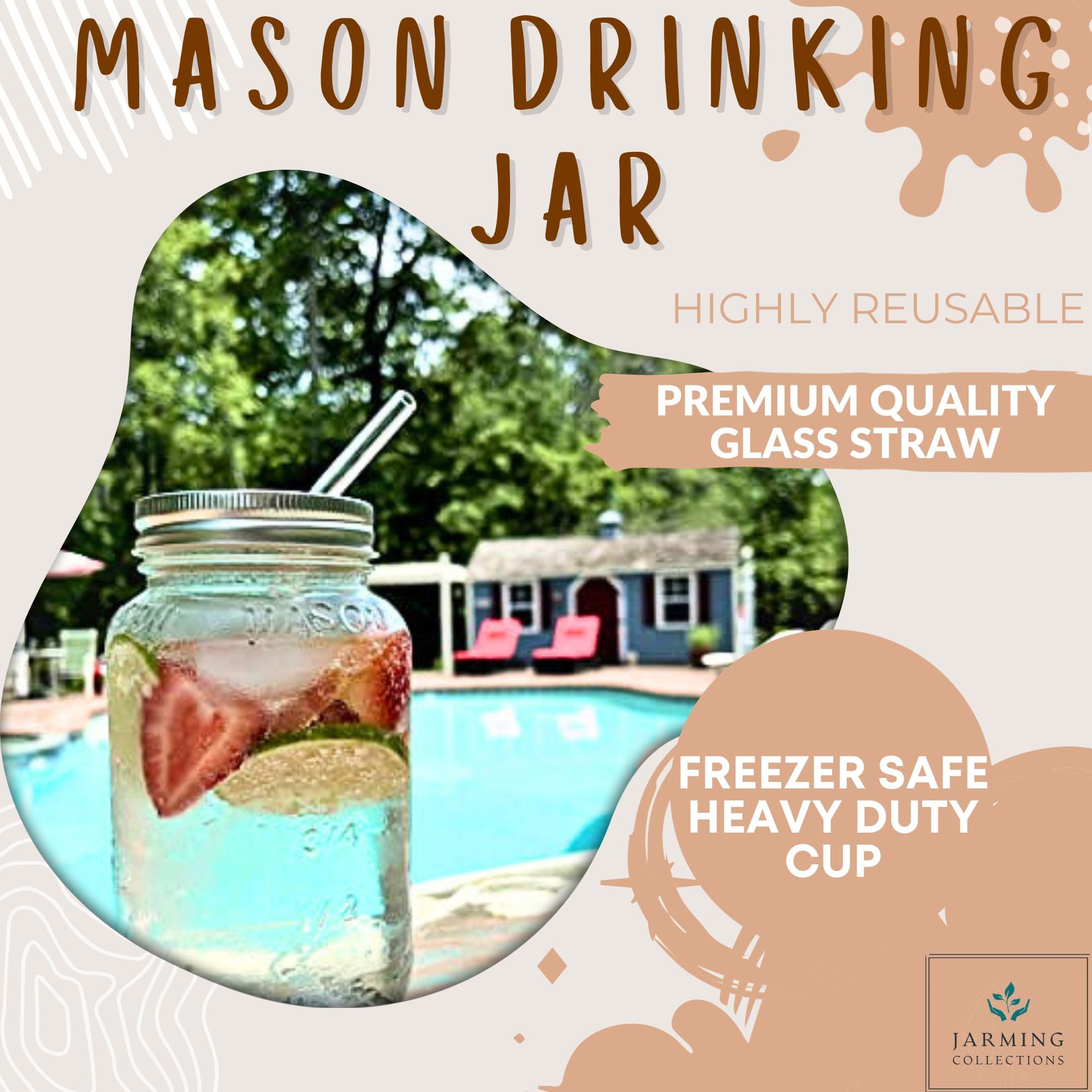 Jarming Collections Home Glass Cups – Mason Jar Drinking Glasses - Mason Jar Cup - Glass Cup With Lids And Straws - 24oz Iced Coffee Cup – Glass Tumbler With Straw And Lid - Ice Coffee Cup (Set of 2)