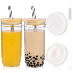 renyih 2 pack 24oz glass cups with bamboo lids & straws & 2 airtight lids - reusable glass smoothie cup, iced coffee glasses,travel glass tumbler for milkshakes,juice