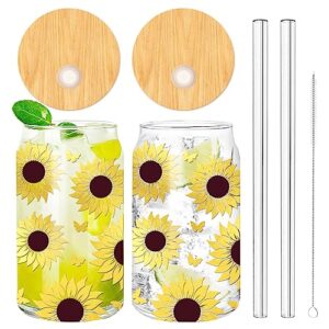 whaline glitter sunflower beer can glasses with bamboo lids and straw summer sunflower drinking glasses iced coffee cup for holiday travel cocktails whiskey beer soda gifts, 2pcs