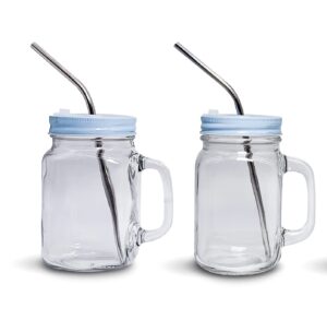 home suave 20oz mason jar mugs with handle set of 2, regular mouth, light blue lids with reusable stainless steel straw, kitchen glass 20 oz jars